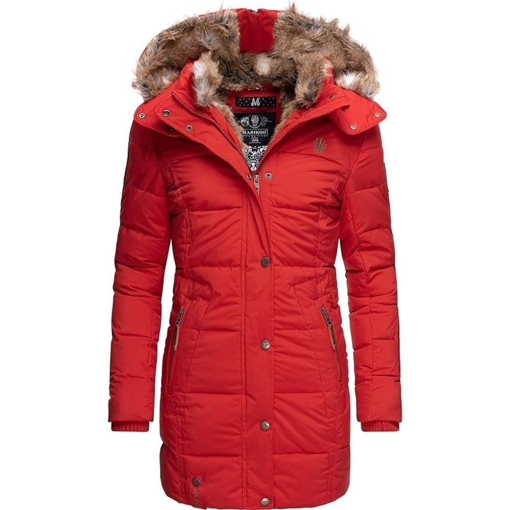 Women's 2XL Red Winter Parka Puffer Coat with Faux Fur